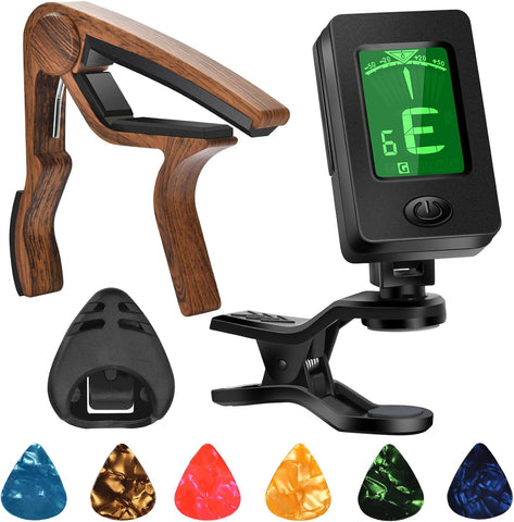 Guitar Capo, Guitar Picks, Guitar Accessories with Tuner, Capo for Acoustic Guitar, Bass, Buzzing-Free, Quick Release, Tuner Clip on for Guitar, Violin, Bass, Ukulele Chromatic, Rosewood
