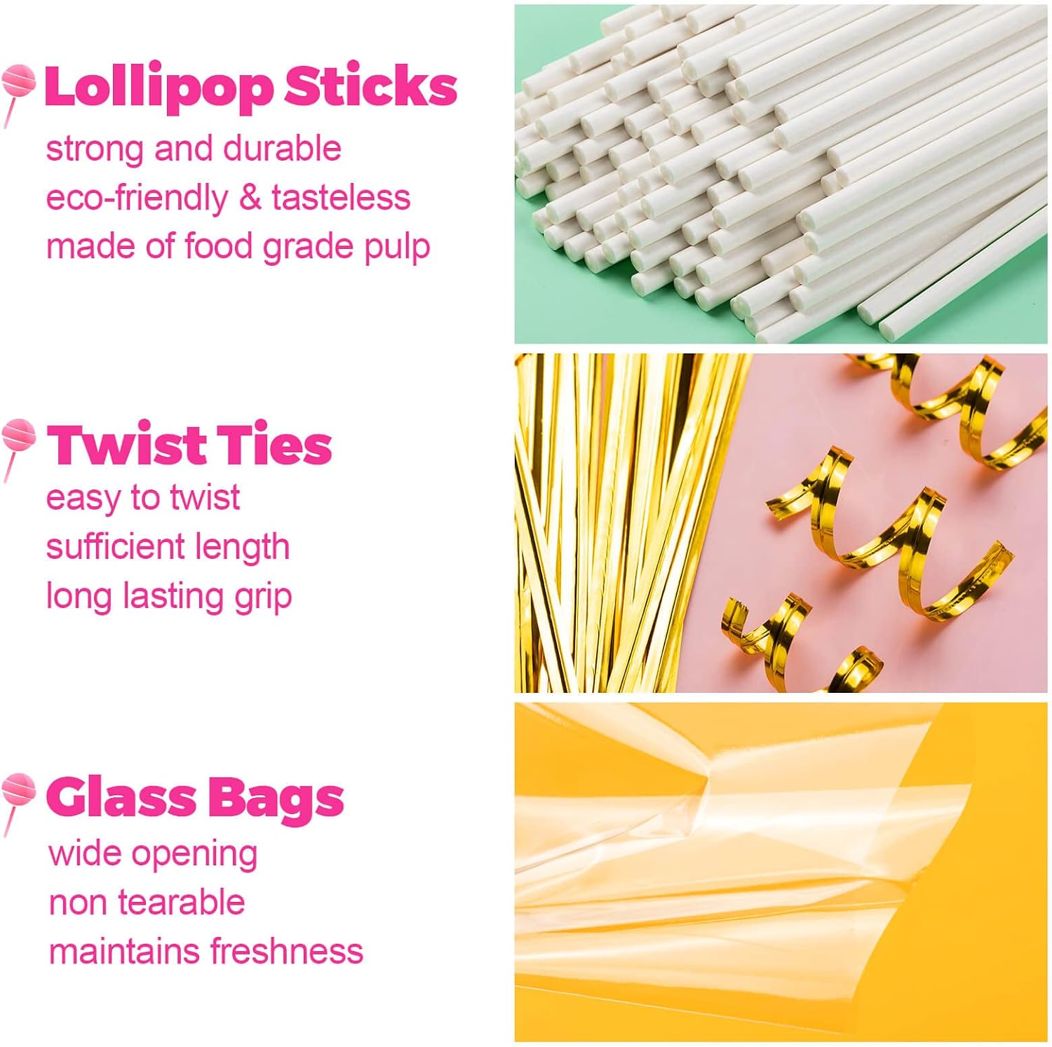 300Pcs Cake Pop Sticks and Wrappers, 6IN Cake Pop Sticks with Ties for Lollipops, Chocolates Cookies, Candies