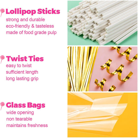 300Pcs Cake Pop Sticks and Wrappers, 6IN Cake Pop Sticks with Ties for Lollipops, Chocolates Cookies, Candies