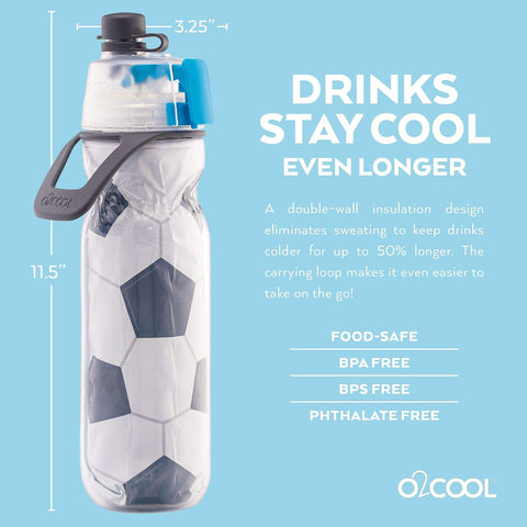 O2COOL Mist N Sip 20 oz Misting Reusable Sports Water Bottle Soccer