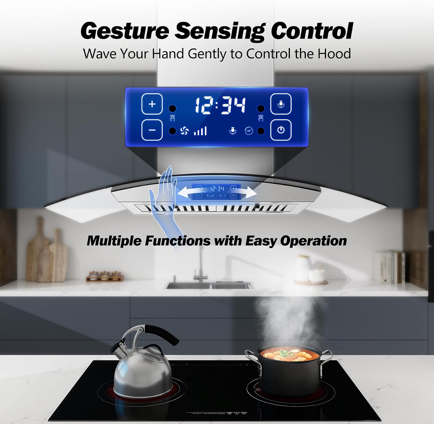 Tieasy Island Range Hood 36 inch 700 CFM Ceiling Mount Kitchen Stove Hood Ducted with Tempered Glass 4 LED Lights Touch Control 3 Speed Fan Permanent Filters