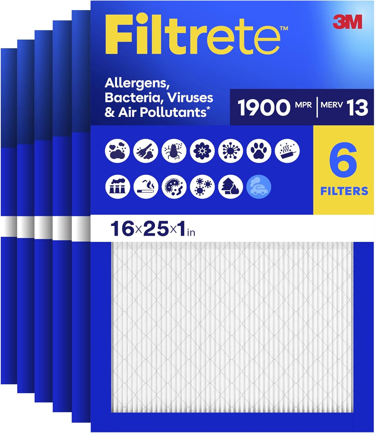 Filtrete 16x25x1 Air Filter, MERV 13, MPR 1900, 6 HVAC Filters