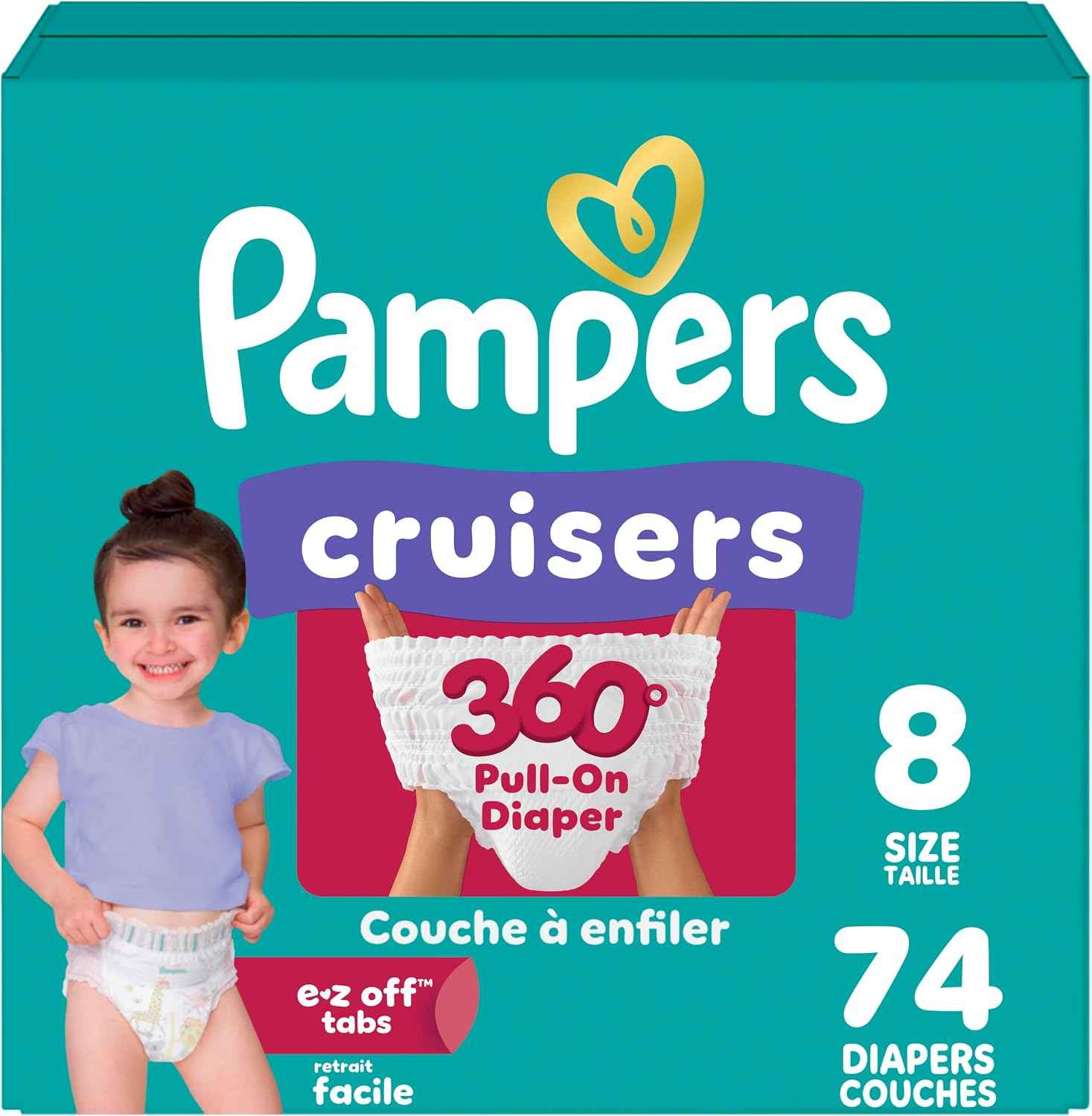 Pampers Diapers - Cruisers 360° - Size 8, 74 Count, up to 100% Leakproof Fit, Designed for Active Babies, Pull On Diaper