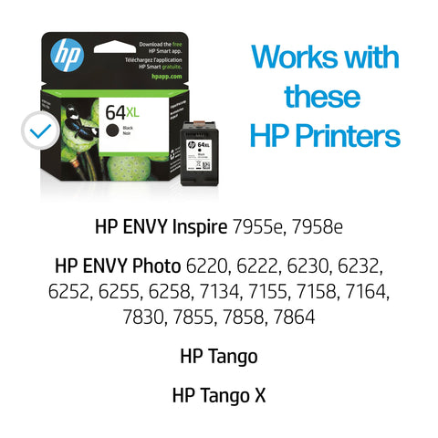 HP 64XL Black High-yield Ink Cartridge | Works with HP ENVY Inspire 7950e; ENVY Photo 6200, 7100, 7800; Tango Series | Eligible for Instant Ink | N9J92AN