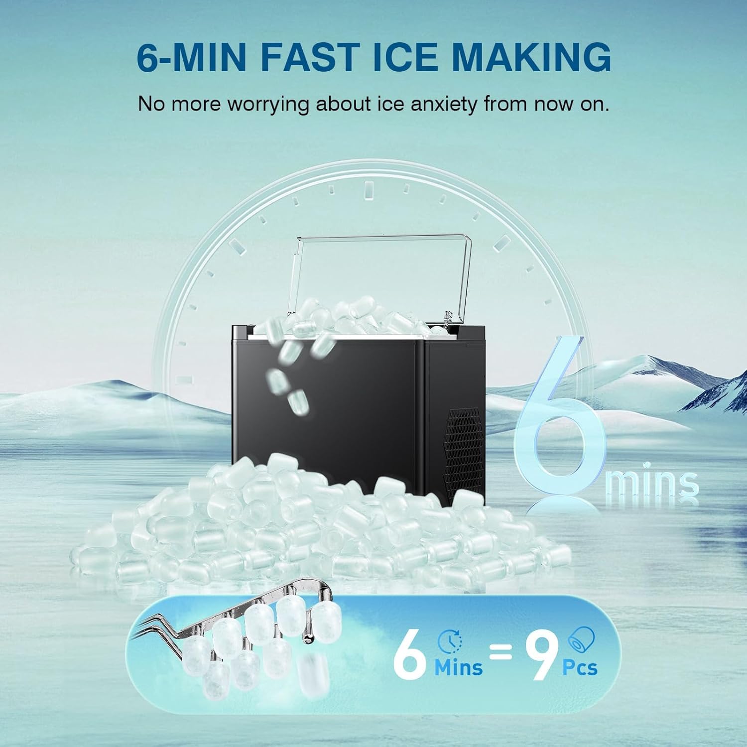 Countertop Ice Makers Machine, Portable Ice Machine Producing 9 Ice Cubes Within 6 Mins, Bullet Ice Available in Two Sizes(S/L), Compact Mini Ice Maker Appliance for Home Kitchen Camping (Soot)