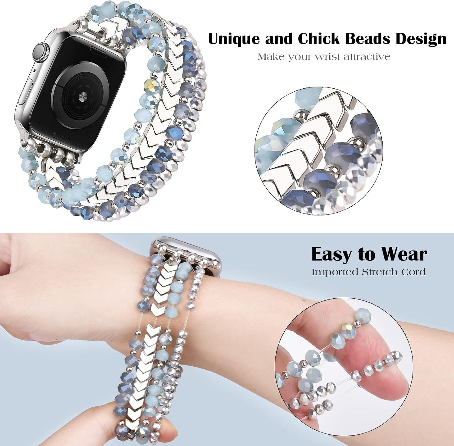 MOFREE Beaded Bracelet Compatible with Apple Watch Band 38mm/40mm/41mm/42mm, Fashion Elastic Stretch Women Bands for iWatch Series 11/10/9/8/7/SE/6/5/4/3/2/1 iPhone Watch Strap Bands (Blue/Silver)