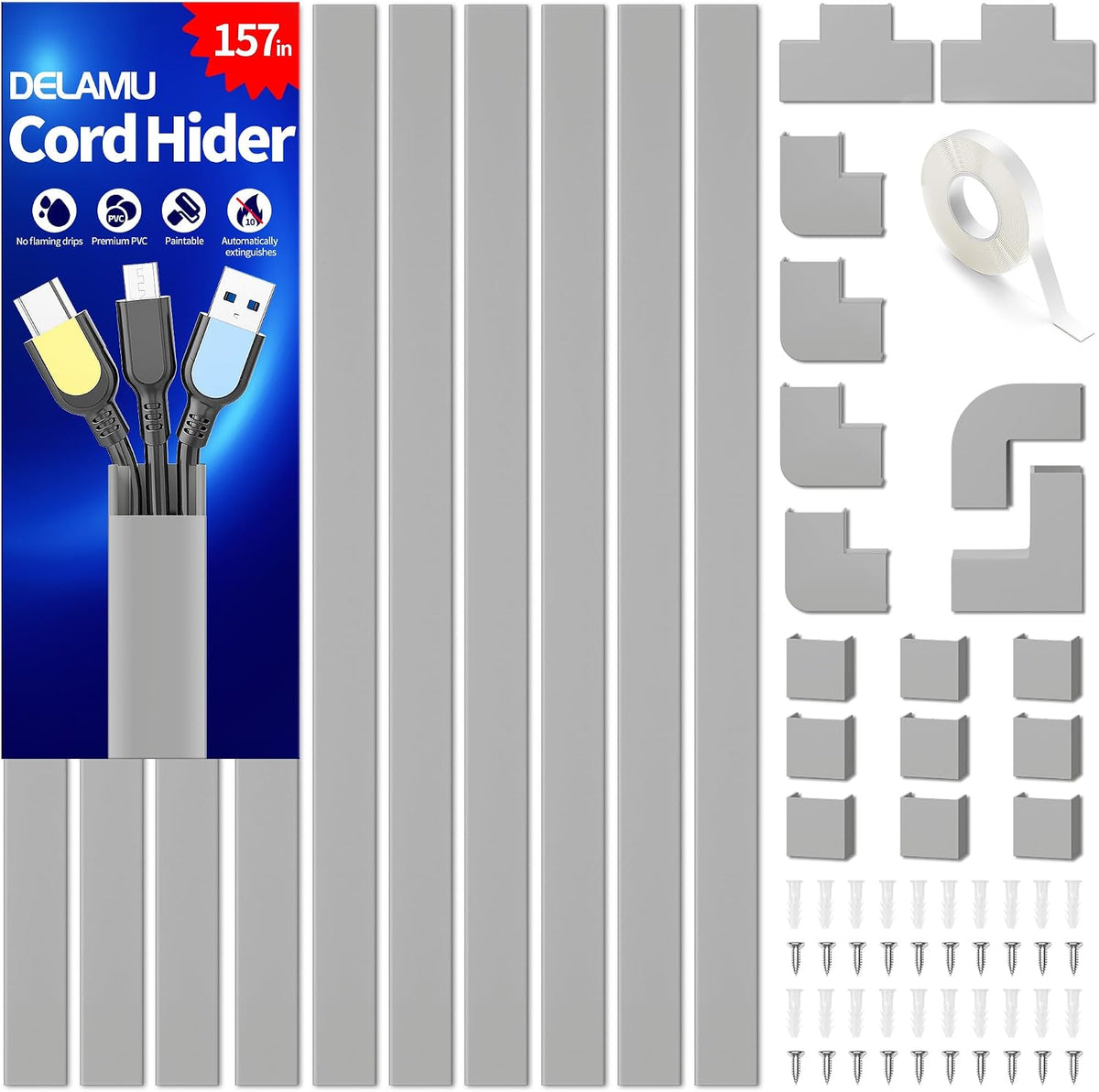 Delamu Grey Cord Hider, 157in Cord Covers for 2-3 Wires on Wall, TV Cable Hider Wall, Wire Covers for Cords on Wall, Cable Raceway Cover Wire Hider Management, TV Cord Hider Wall, W0.95 H0.55in, Grey