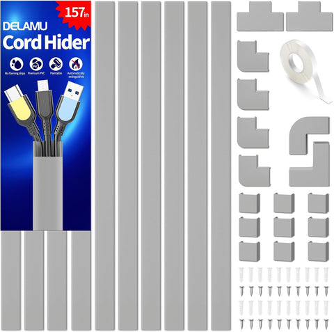 Delamu Grey Cord Hider, 157in Cord Covers for 2-3 Wires on Wall, TV Cable Hider Wall, Wire Covers for Cords on Wall, Cable Raceway Cover Wire Hider Management, TV Cord Hider Wall, W0.95 H0.55in, Grey