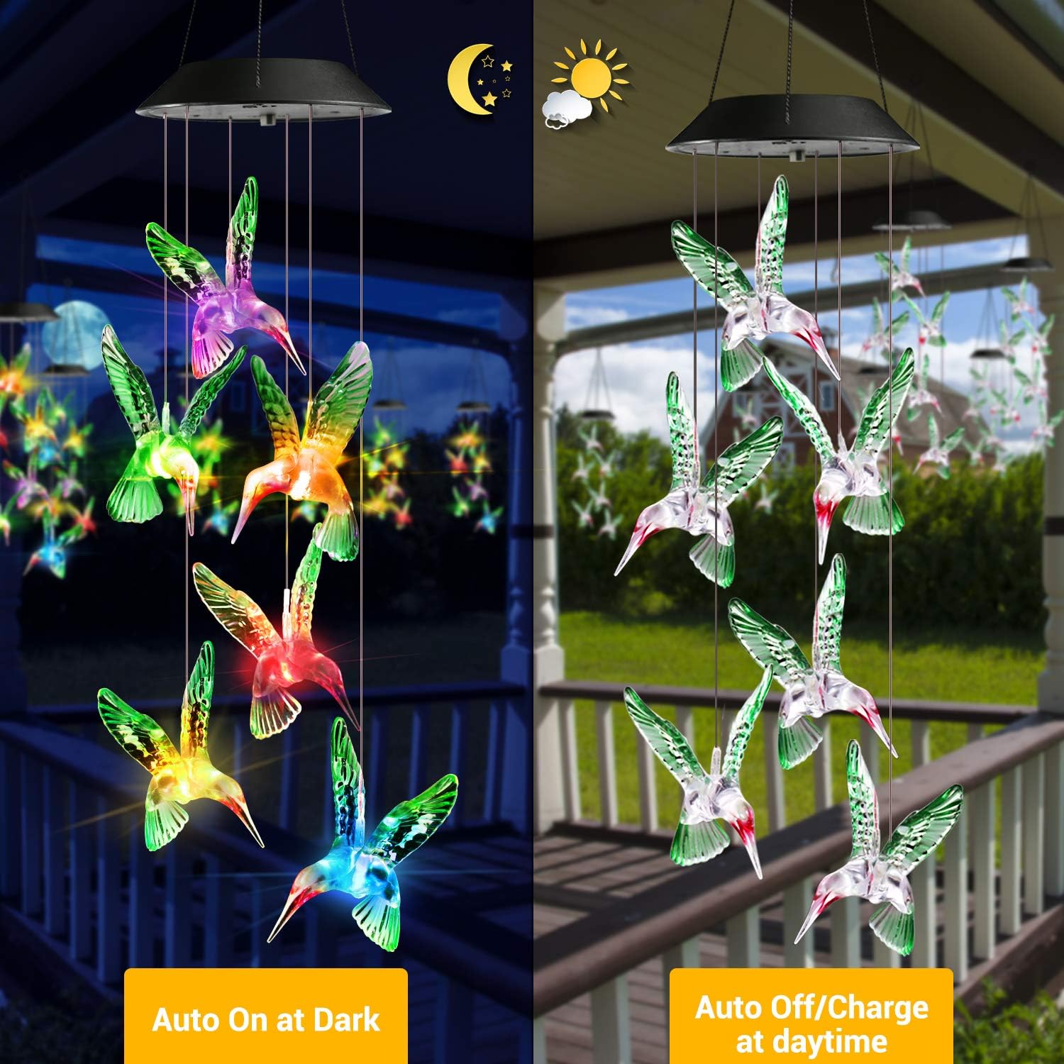 Toodour Solar Wind Chime, Color Changing Wind Chimes Hummingbird