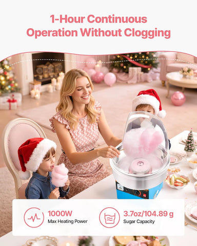 VEVOR Electric Cotton Candy Machine, 1000W Commercial Floss Maker With Cover, Commercial Cotton Candy Machine w/Stainless Steel Bowl & Sugar Scoop, Ideal for Carnival, Birthday, Family Party, Blue