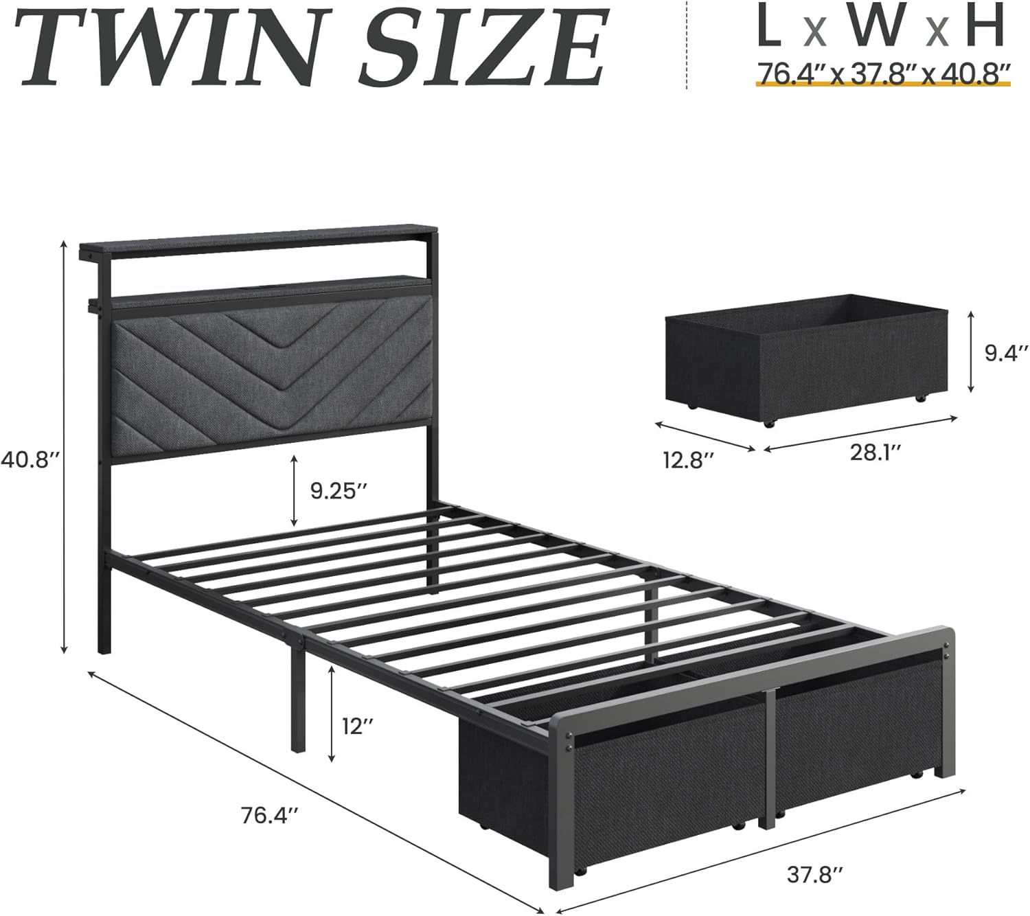 Fluest Twin Bed Frame with Storage Drawers, Upholstered Headboard with Charging Station, LED Lights, Fabric Drawers with Wheels, Under Bed Storage, No Box Spring Needed, Easy Assembly, Grey