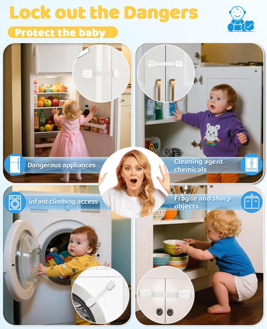 16 Pack Cabinet Locks Baby Proofing, Child Proof Cabinet Locks with 3M Adhesive - Easy Installation with Adjustable Straps, Multi-Purpose Child Safety Latches for Drawers Fridge Trash Cans Toilets