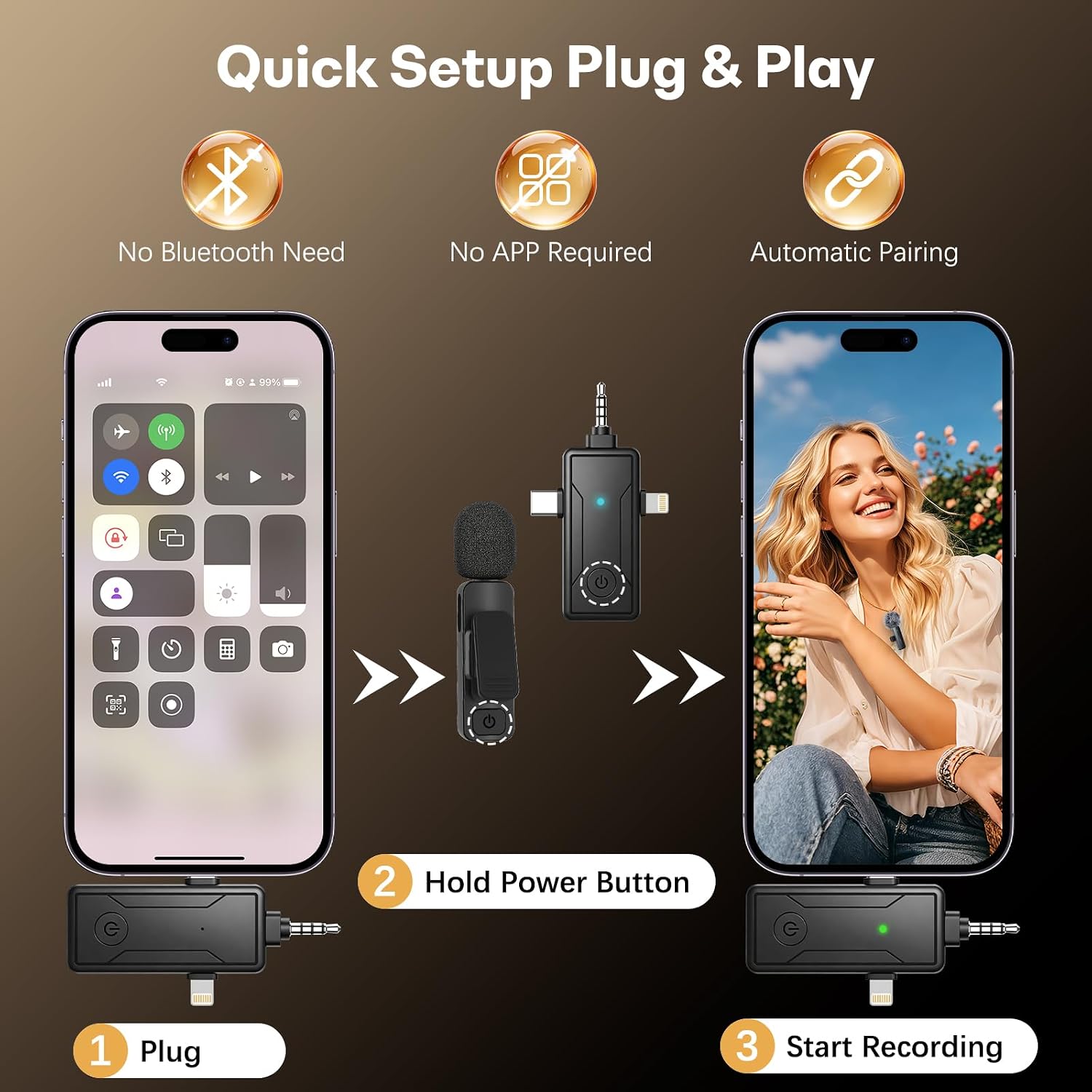 3 in 1 Wireless Mini Microphone for iPhone Android Phone Camera: Lavalier Lapel Mic for Video Recording - Noise Cancelling Clip on Shirt Microphones for Tiktok YouTube Podcast Vlogging
