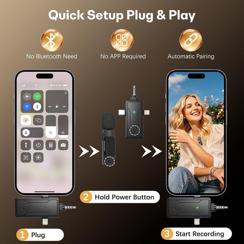 3 in 1 Wireless Mini Microphone for iPhone Android Phone Camera: Lavalier Lapel Mic for Video Recording - Noise Cancelling Clip on Shirt Microphones for Tiktok YouTube Podcast Vlogging
