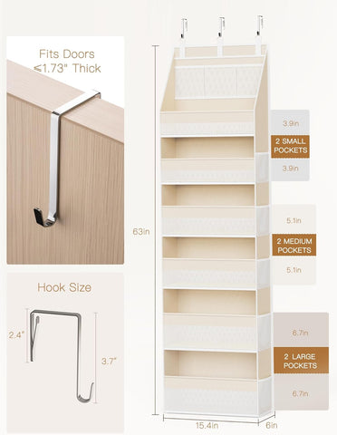 Criusia Over the Door Organizer, 6-Shelf Closet Hanging Storage with 13 Mesh Pockets, 55lbs Capacity Behind the Door Storage for Baby Nursery, Bathroom, Bedroom, and Dorm, Beige