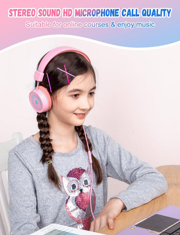 New Bee 2 Pack Kids Headphones with Microphone, 85dB/94dB Safe Volume Limited Childrens Headset, Foldable Wired Toddler Headphones Over Ear for School Travel Mac/Android/Kindle/Tablet/Pad Blue Pink