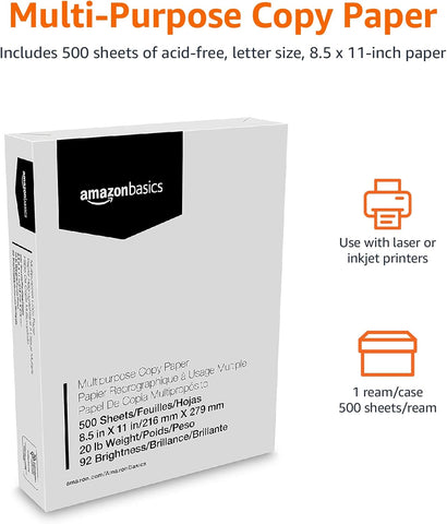 Amazon Basics Multipurpose Copy Printer Paper, 8.5 x 11 Inches, 20 lb, 92 Bright, White, 1 Ream (500 Sheets), Jam-Free