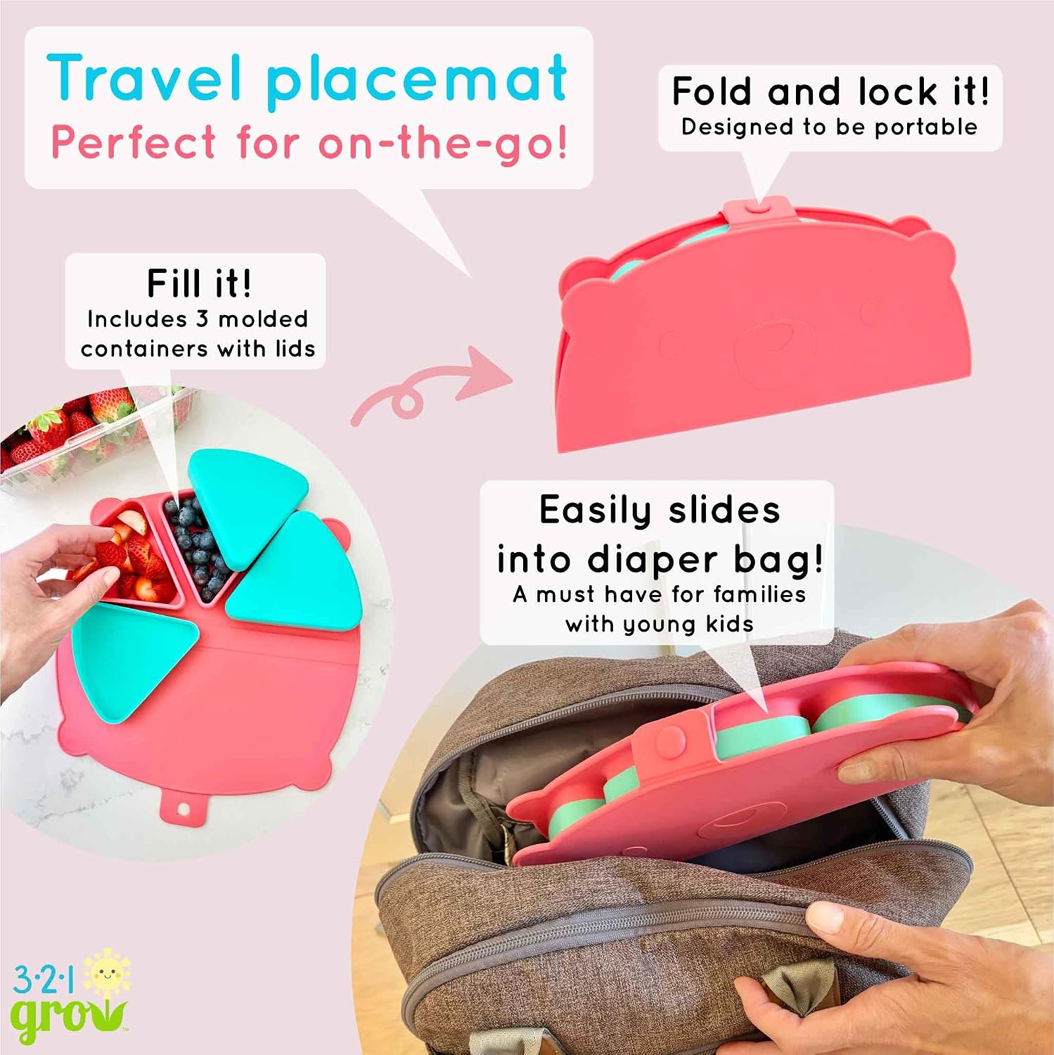 Silicone On-The-Go Snack Mat – Foldable Reusable Placemat with 3 Compartments and Lids – Travel-Friendly Baby and Toddler Snack Plate – Dishwasher Safe (Watermelon)