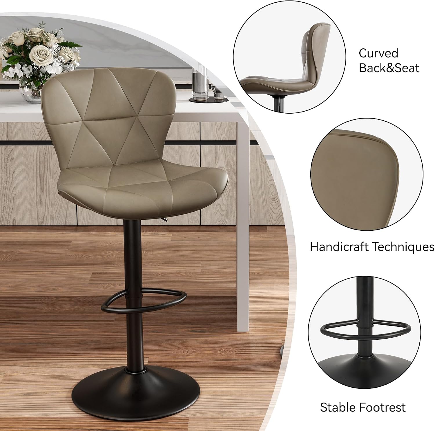 Nalupatio Modern Bar Stools Set of 3, Adjustable Faux Leather Upholstered Swivel Bar Stools, Counter Height Bar Chairs with Back for Kitchen Island, Dark Khaki
