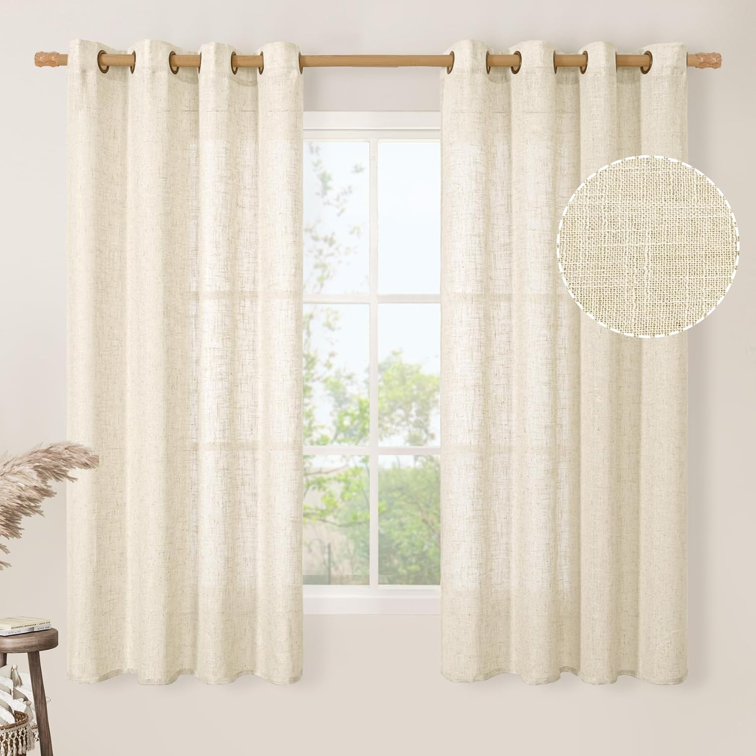 LAMIT Beige Linen Curtains 63 inch Length 2 Panels for Living Room
