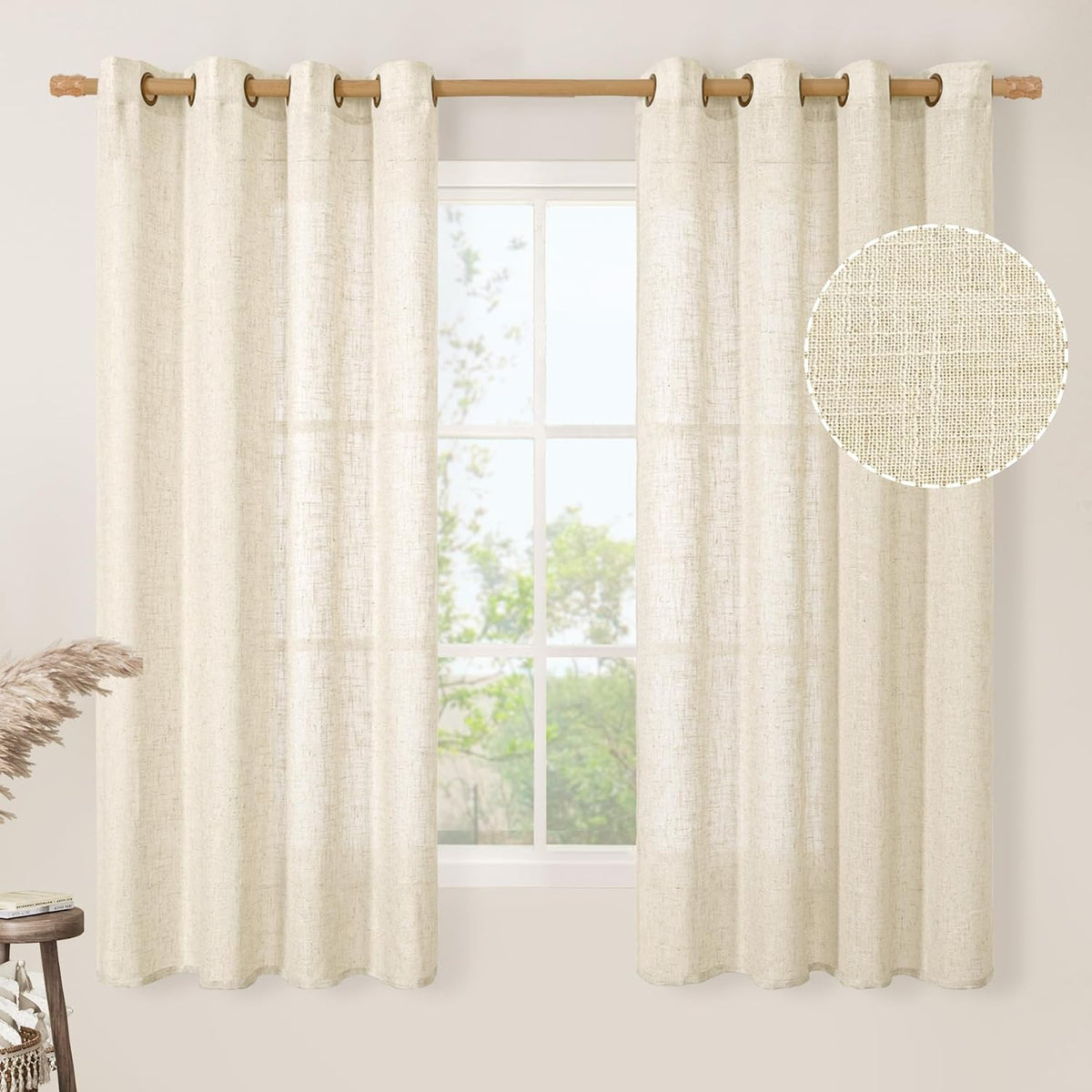 LAMIT Beige Linen Curtains 63 inch Length 2 Panels for Living Room