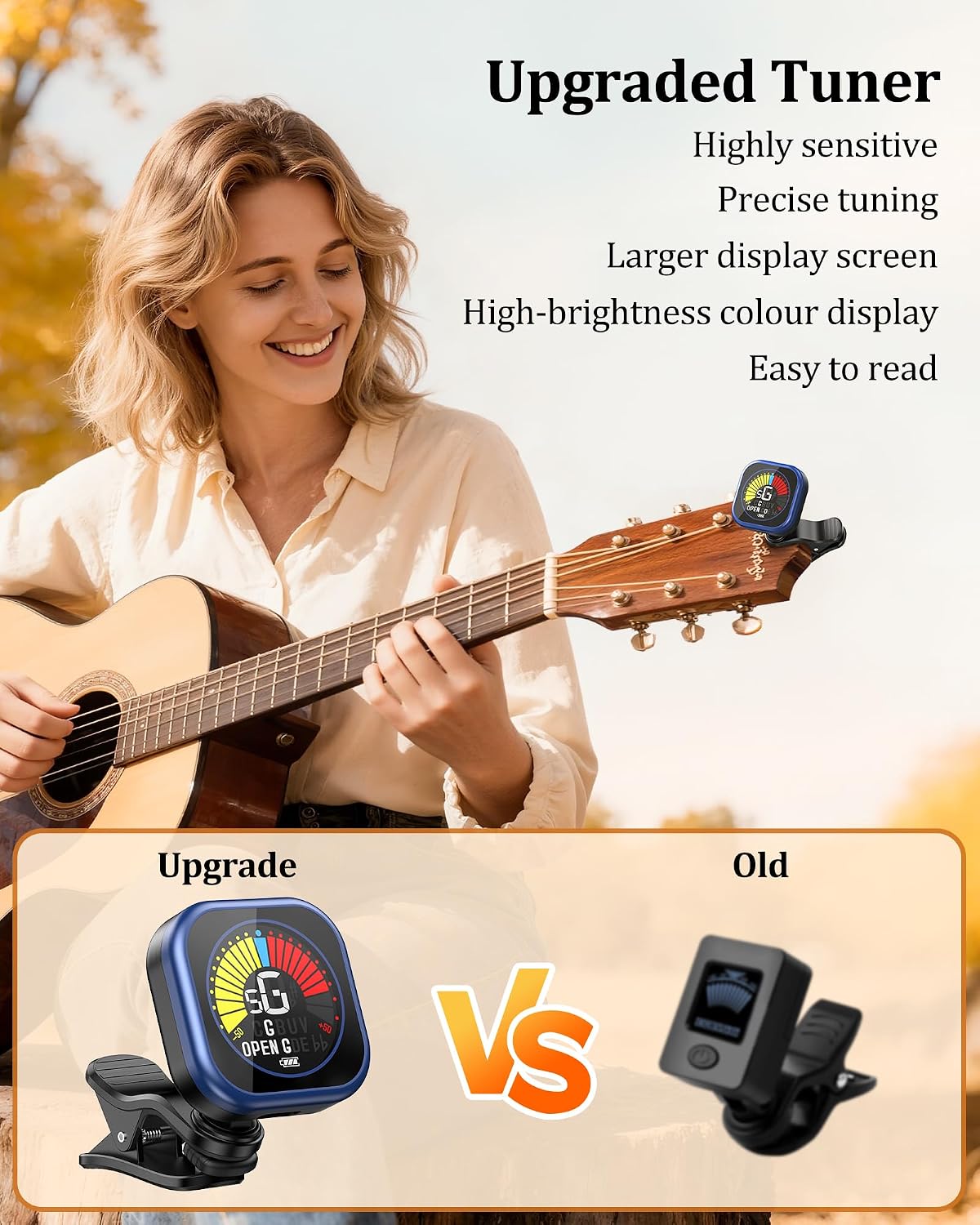 New Bee Guitar Tuner Clip-On Rechargeable with Color Screen 360° Rotatable Acoustic Chromatic Open Tuning for Guitar, Bass, Ukulele, Violin (Blue, 1 Pack)