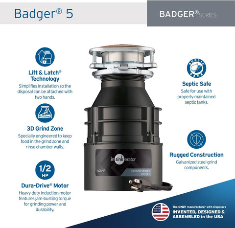 InSinkErator Badger 5 Garbage Disposal with Power Cord, Badger Series 1/2 HP Continuous Feed Food Waste Disposer