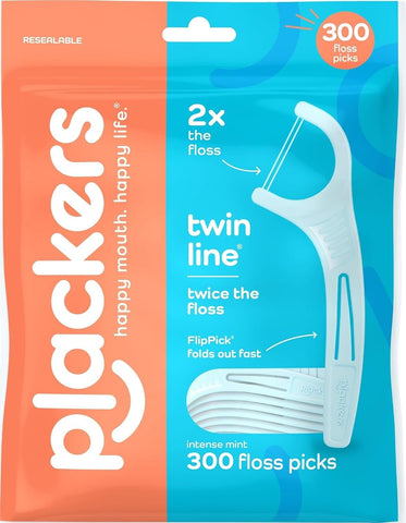 Plackers Twin Line Floss Picks, Intense Mint, 300 Count