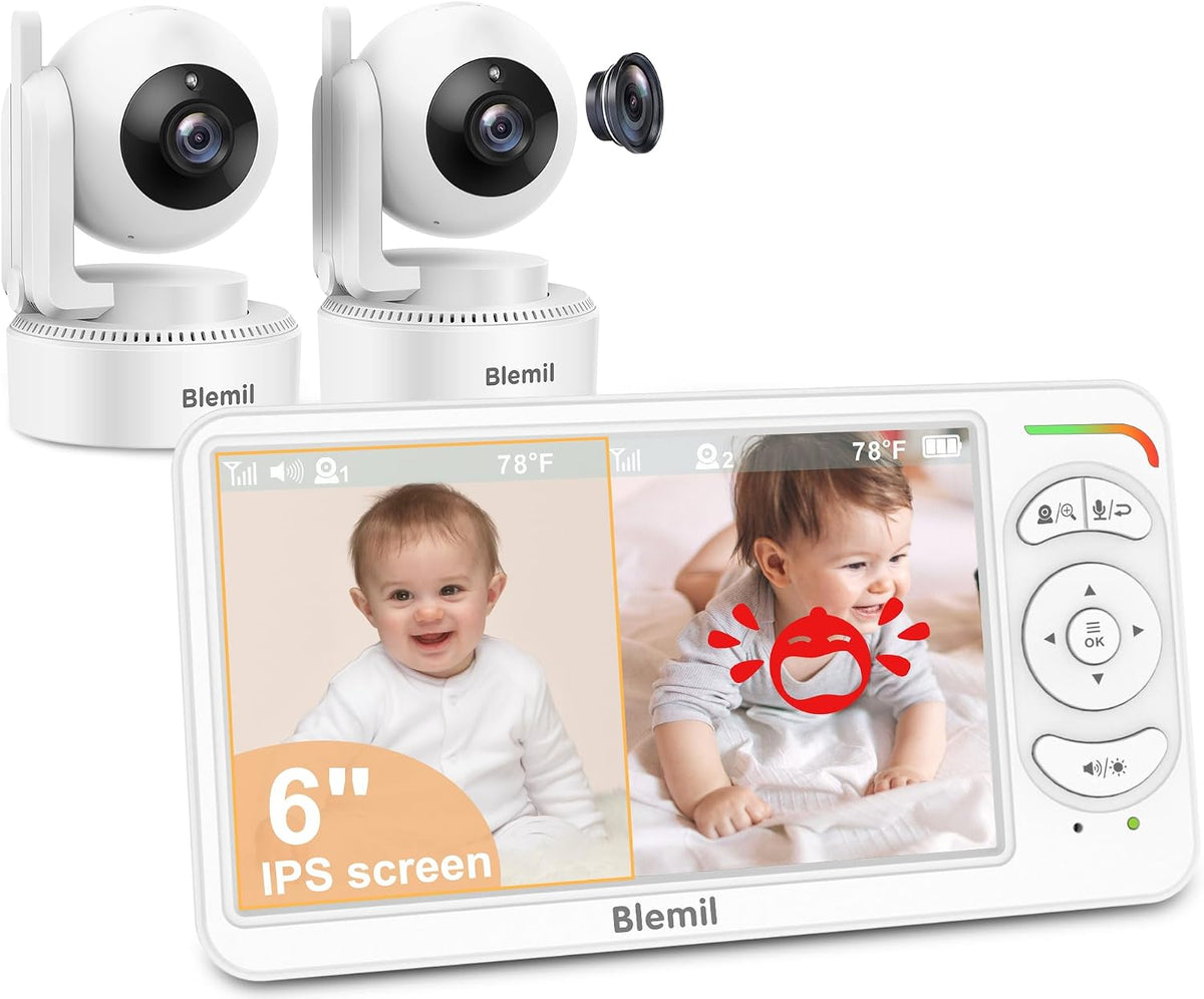 Blemil 6" Split Screen Video Baby Monitor with 2 Cameras, 4000mAh Battery