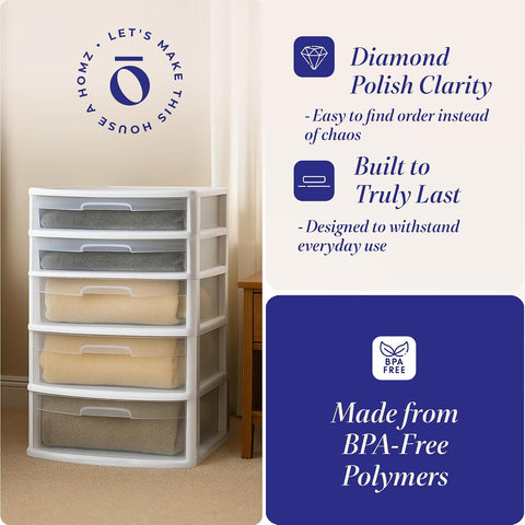 Homz 5-Drawer Plastic Bedroom & Closet Organizer Storage, Clear/White Frame