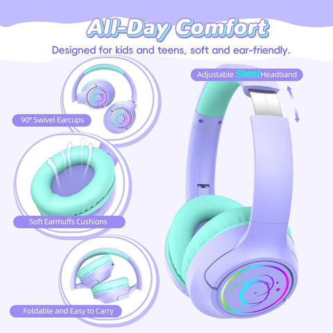 Kids Bluetooth Headphones, 85H Playtime for Toddler Girls, Purple with LED