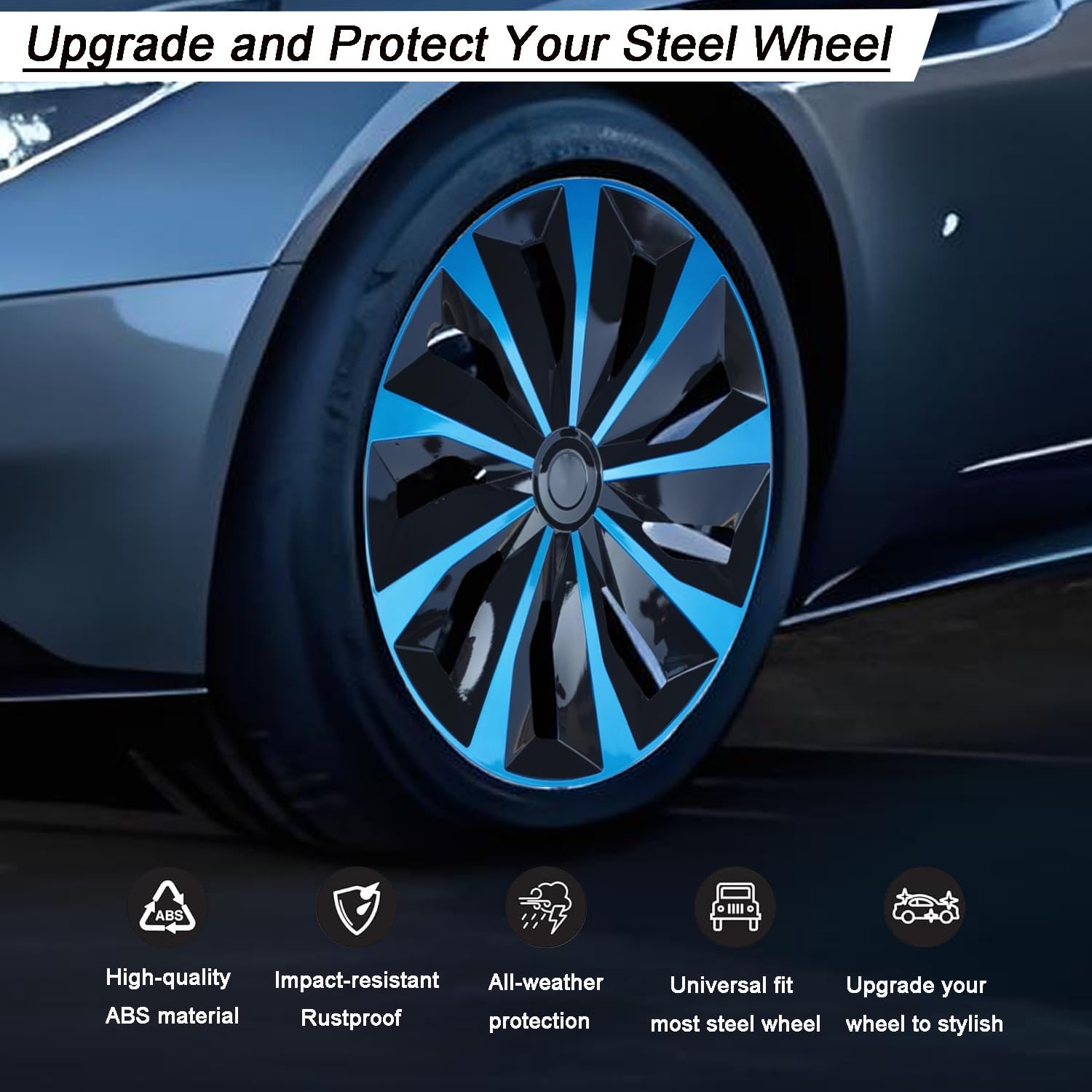 Hubcap Wheel Cover Replacement R15 Hub Caps Universal-Fit Steel Wheel Rim Cover ABS Material Exterior Accessories for Car Truck SUV Van -Set of 4（15-inch，Blue-Black）