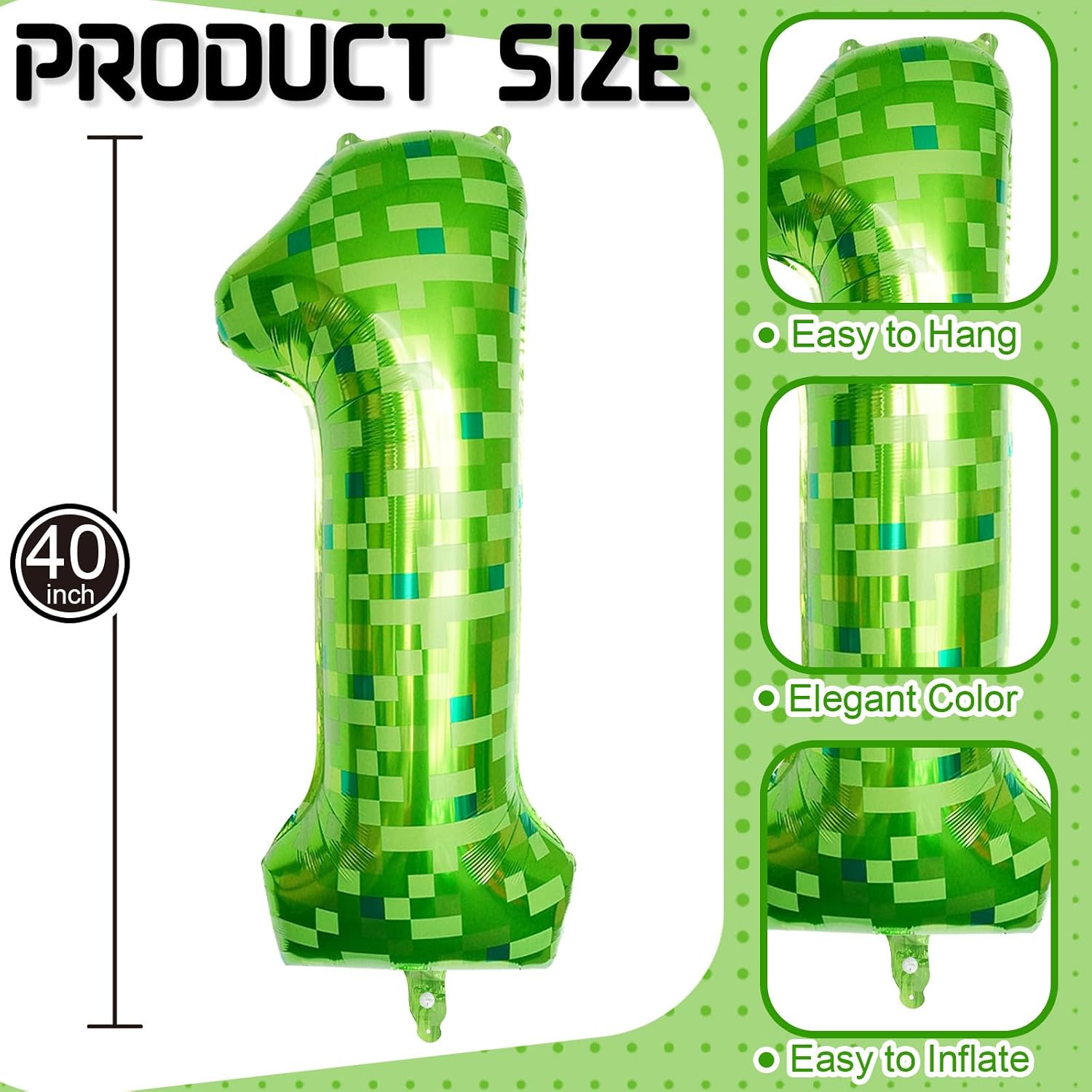 40 Inch Green Pixel Number 1 Balloon for 1st Birthday Decorations, Large Dark Kelly Lime Green Foil 1 Balloon Number for Boys One Year Old Birthday Baby Shower Video Game Patrick's Day Party Decor