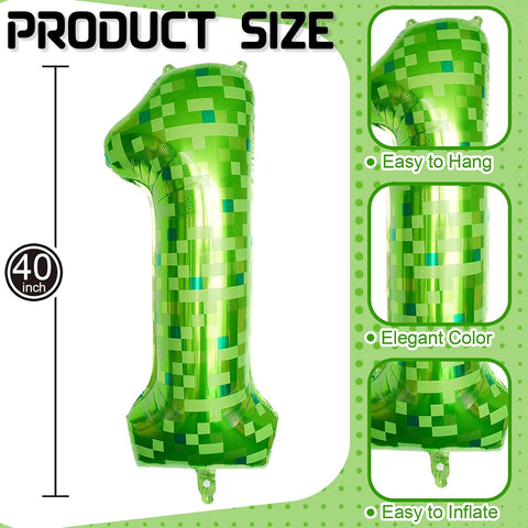 40 Inch Green Pixel Number 1 Balloon for 1st Birthday Decorations, Large Dark Kelly Lime Green Foil 1 Balloon Number for Boys One Year Old Birthday Baby Shower Video Game Patrick's Day Party Decor