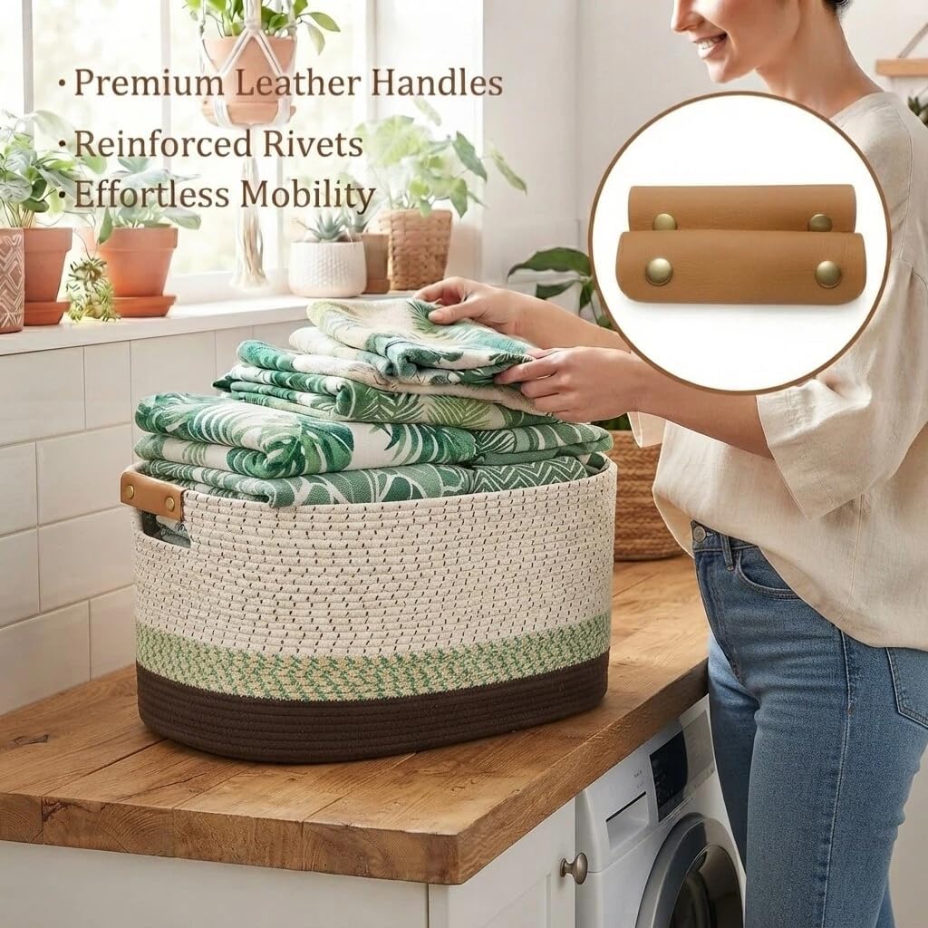 danpinera 108L Large Basket for Living Room, Nursery & Laundry, Kids Toy Basket Storage with Leather Handle, 25’’*16’’*16’’ White & Mottled Green