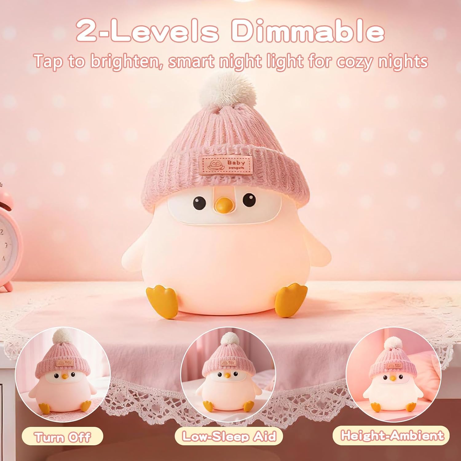 FAMIDUO Penguin Night Light,Cute Pink Penguin Lamp with Hat,Kids Room Decor