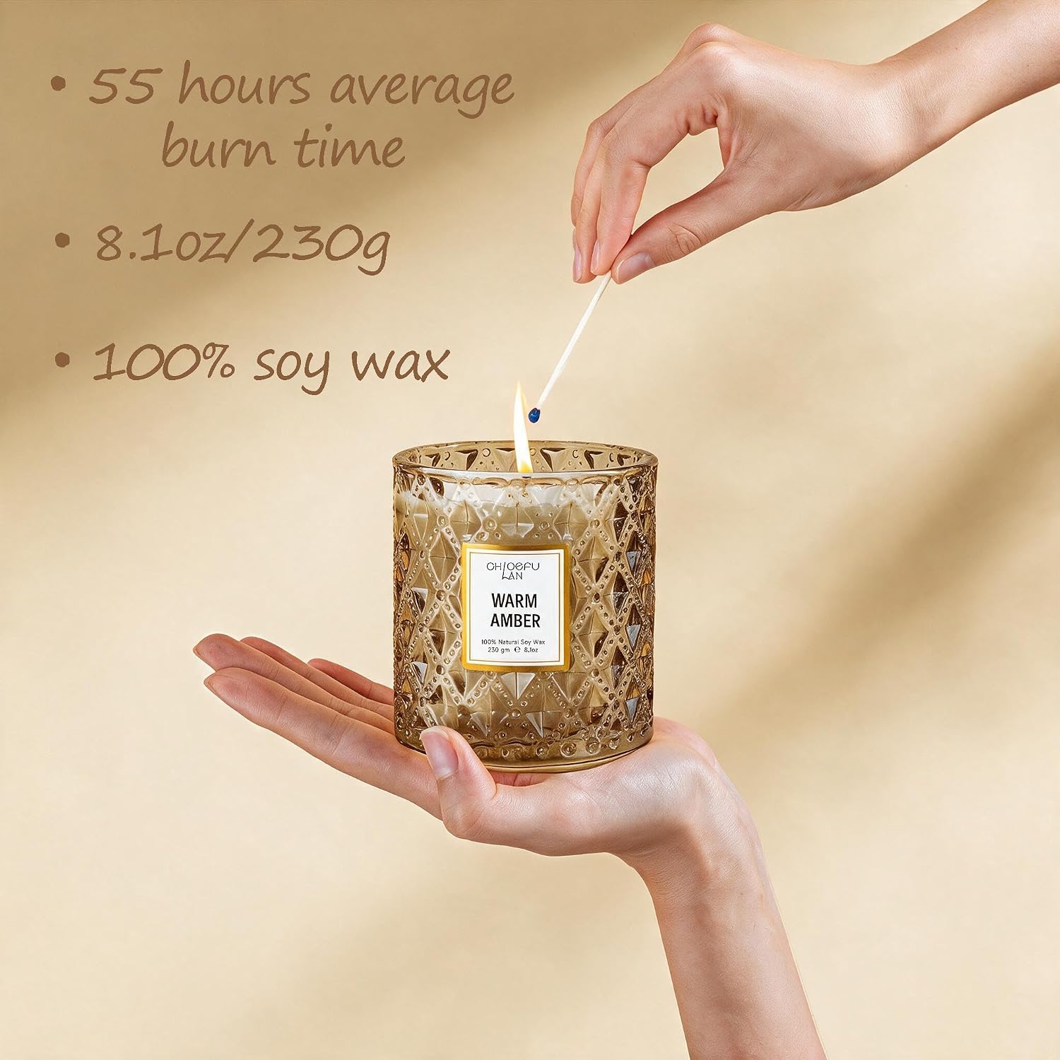 Chloefu LAN Amber Candles, Luxury Candle for Home Scented, Long Burning Time, Holiday Gifts, All Natural Soy Wax Decorative Candles, Scented Candle Gifts for Men&Women, 8.1oz