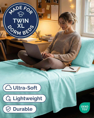 Twin XL 3 Piece Sheet Set - College Dorm Room Essentials - Spa Blue