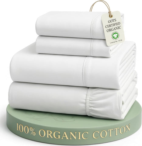 LANE LINEN Queen Sheets 100% Organic Cotton 4pc Percale Cooling - White