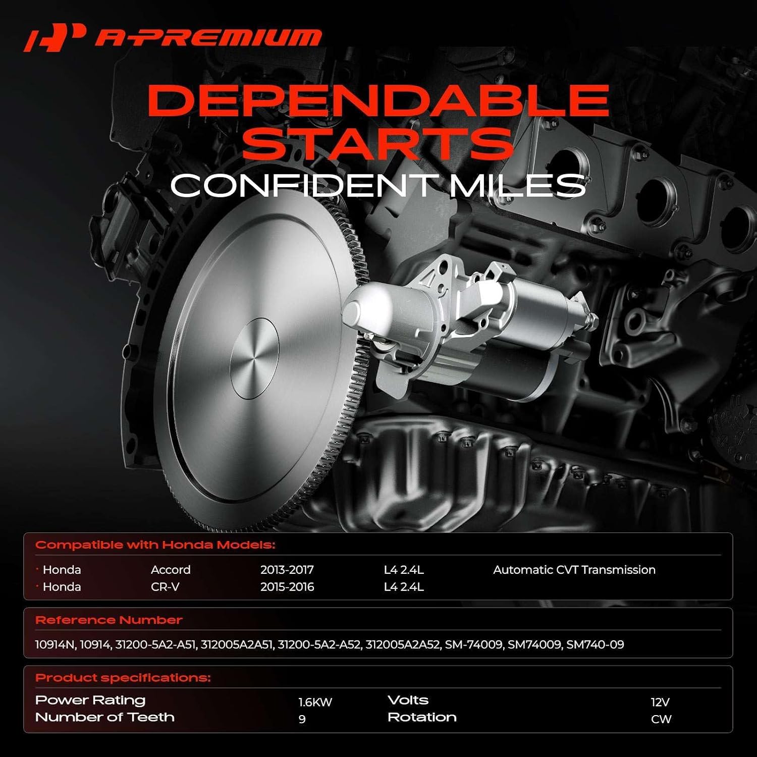 A-Premium Starter Motor, 12V 1.6KW 9 Teeth CW, Compatible with Honda