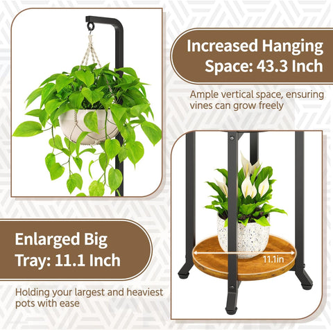 LASZOLA Hanging Plant Stand Holder Indoor Outdoor Tall, 2 Tier Black