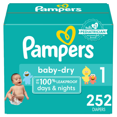 Pampers Baby Dry Diapers - Size 1, One Month Supply (252 Count), Absorbent Disposable Diapers