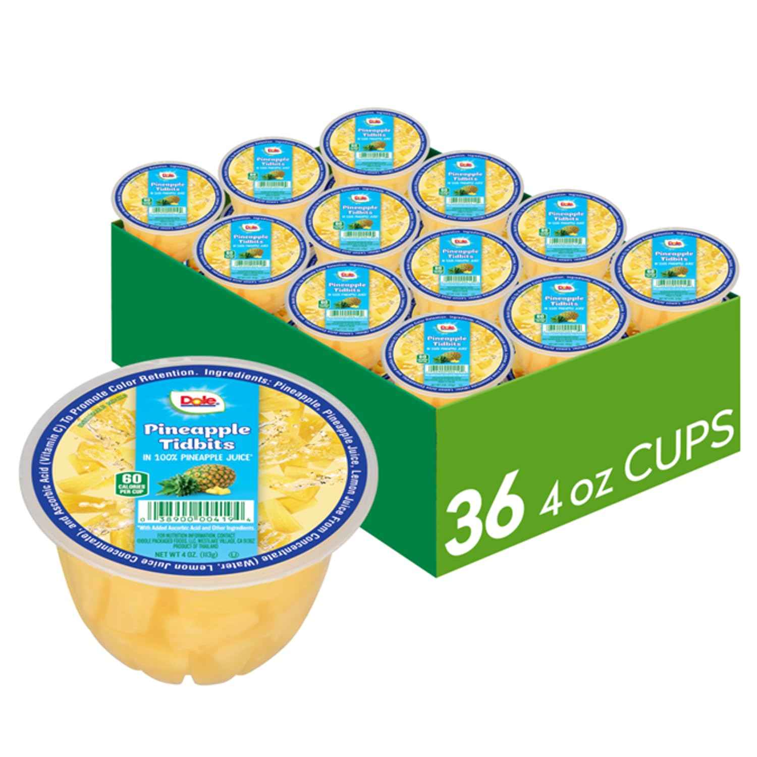 Dole Fruit Bowls Pineapple Tidbits, 4oz, 36 Total Cups | In 100% Juice Snacks, Gluten & Dairy Free, Bulk Lunch Snacks for Kids & Adults