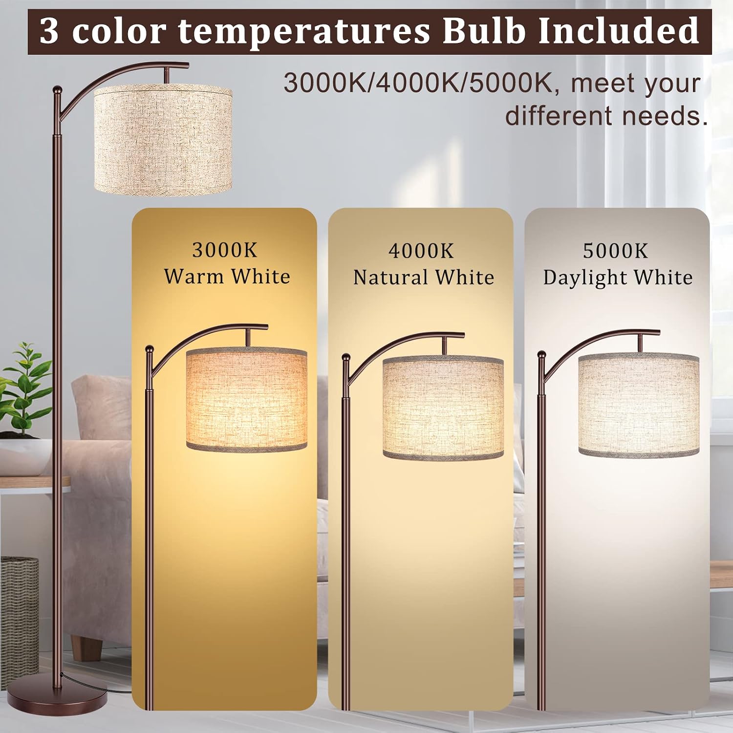 Floor Lamp for Living Room, LED Standing Lamp Tall Industrial Floor Lamp Reading for Bedroom, Office (9W LED Bulb, Beige Lampshade Included) -Oil-Rubbed Bronze