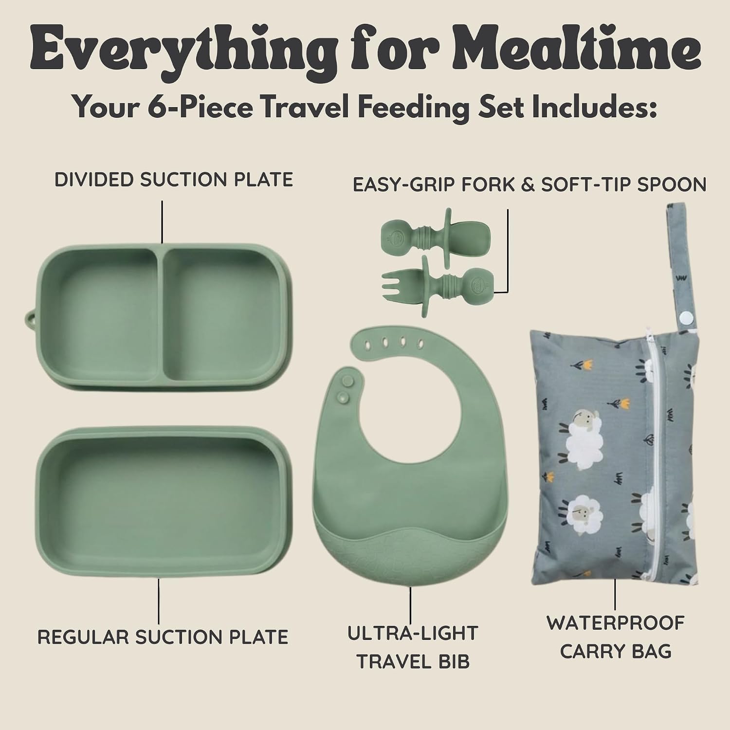 Baby Travel Feeding Set with Silicone Suction Plates, Green Small
