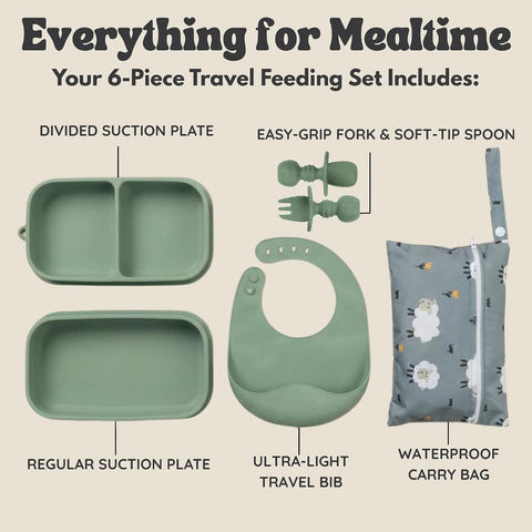 Baby Travel Feeding Set with Silicone Suction Plates, Green Small
