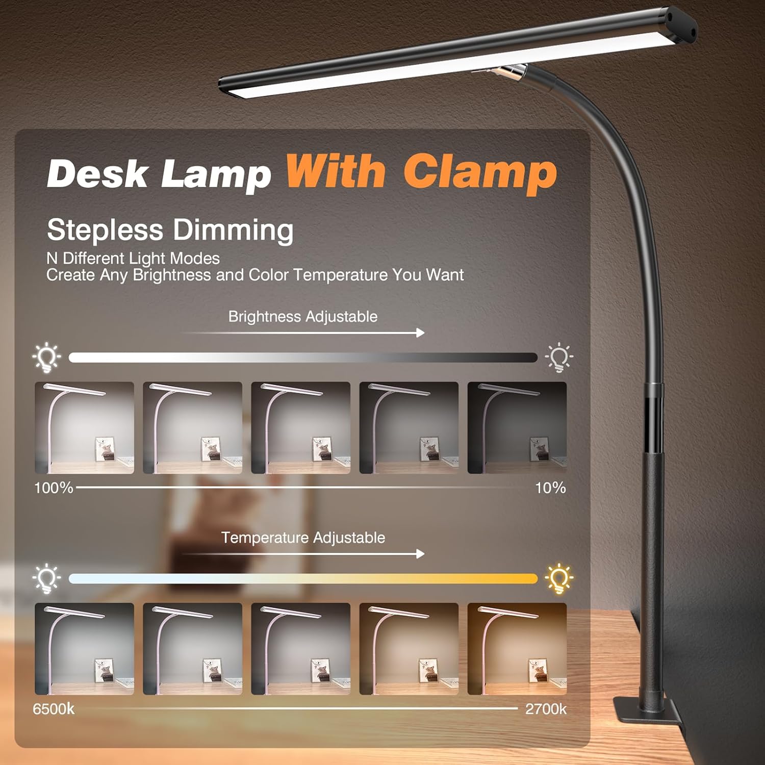 Airlonv LED Desk Lamp with Clamp, 17" Stepless Dimming Light, Black