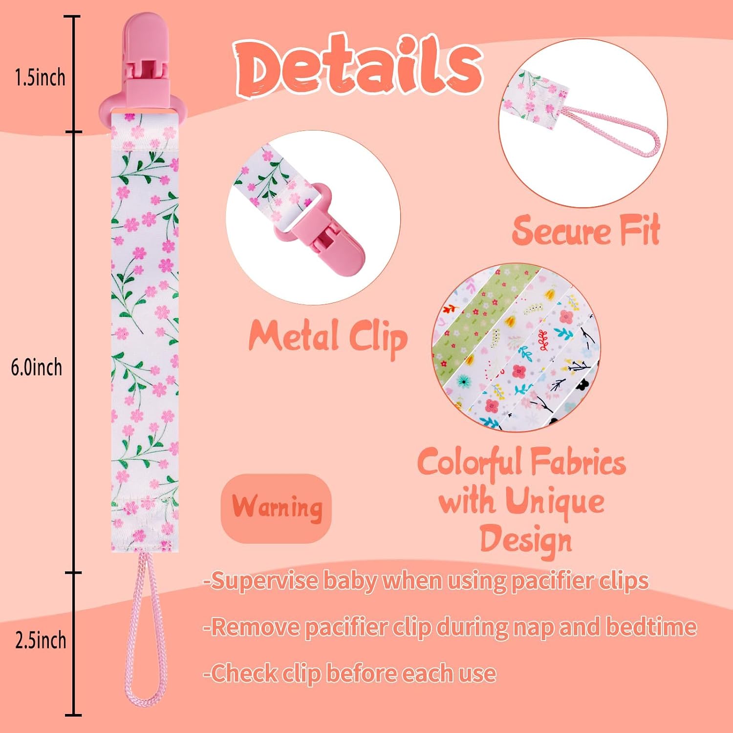 12 Pack Pacifier Clips with Adjustable Strap (32-46.5cm)/Short Strap(25.5cm) - Premium Polyester Baby Pacifier Holder Set, Multi-Design Clips for Boys Girls (Multicolor D 25.5cm)