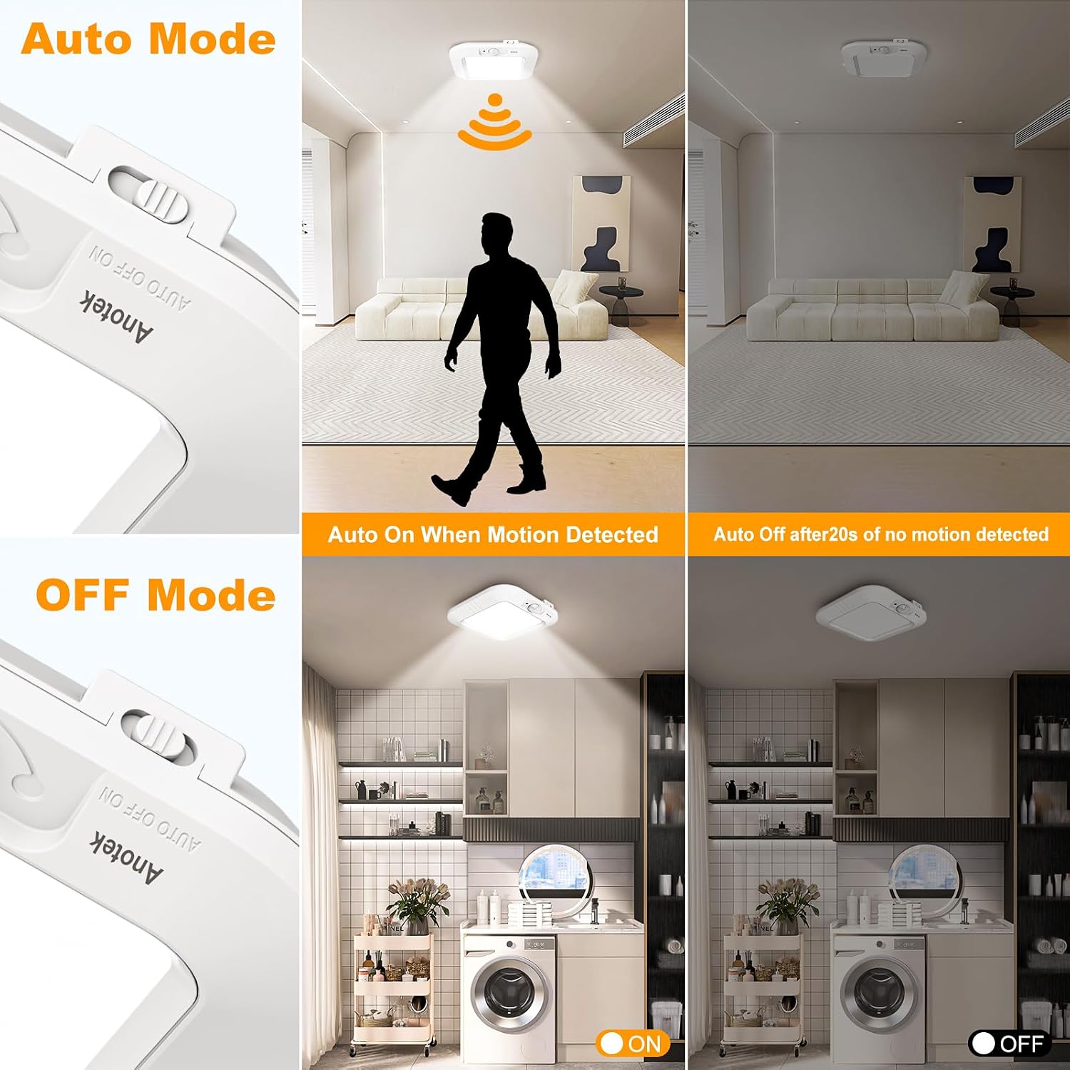 Motion Sensor Battery Powered Ceiling Light, Closet Light 2-Pack