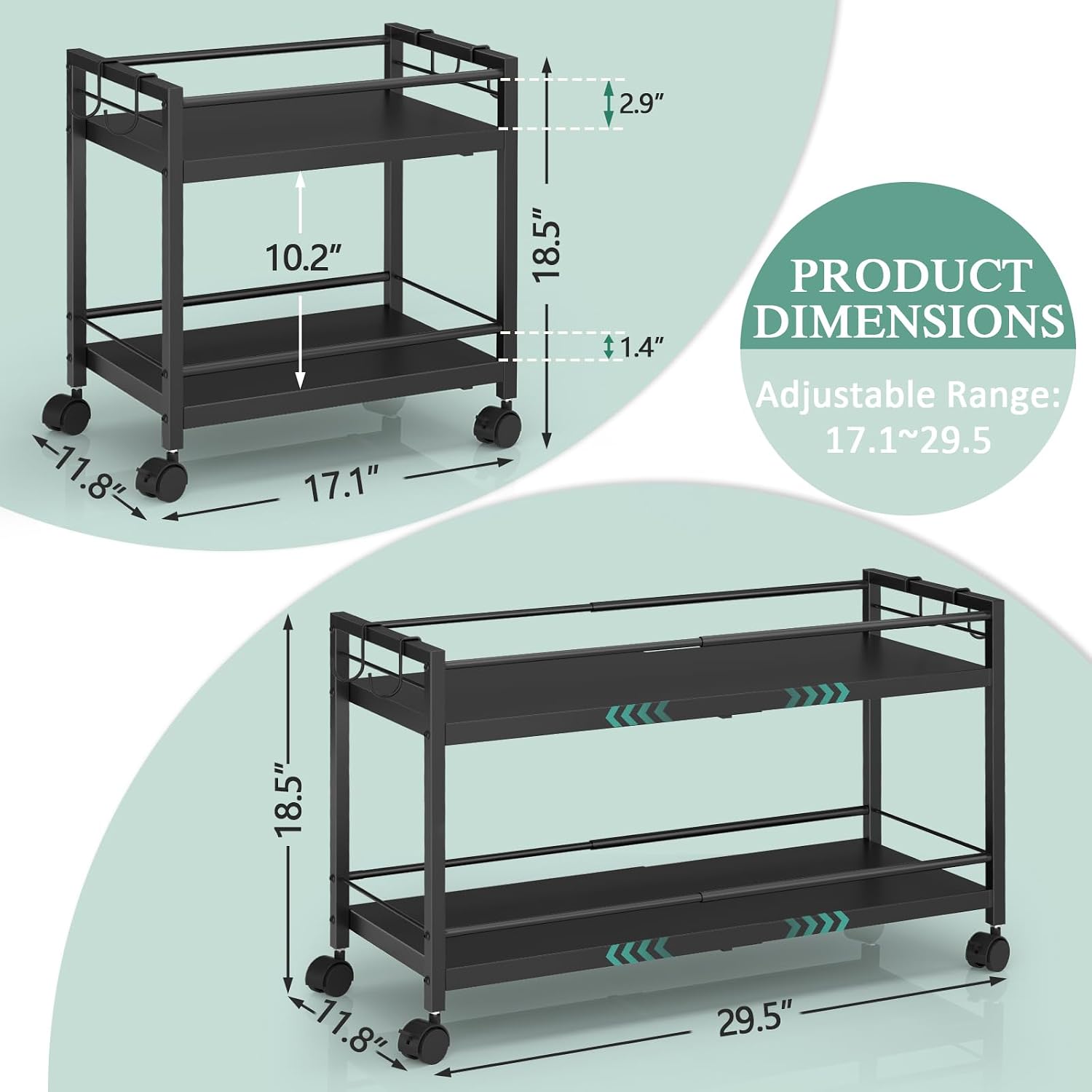 2 Pack 2-Tier Expandable Rolling Pantry Cart with Wheels, Adjustable Floor Organizer for Kitchen Pantry, Can Organizer for Pantry, Storage Cart for Snack, Food, Vegetables, Black, Patent Pending